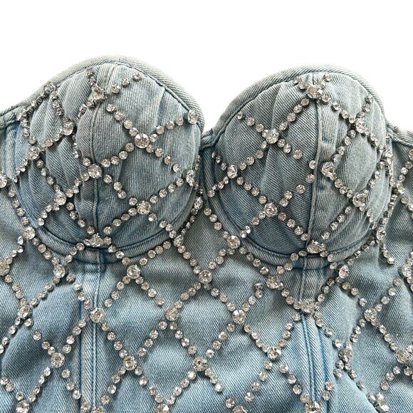 Y2k Western Rhinestone Lace Up Denim Corset Rock Womens M/L Rodeo Cowgirl Party - Picture 4 of 9